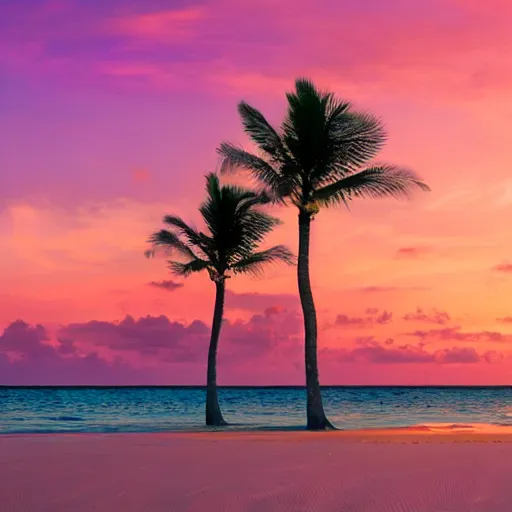 Image similar to Photo of the middle of the ocean, tiny islands made of sand and sandbars, a couple of palm trees, sunset, pink clouds, dreamy, enchanting, ultrarealistic, establishing shot