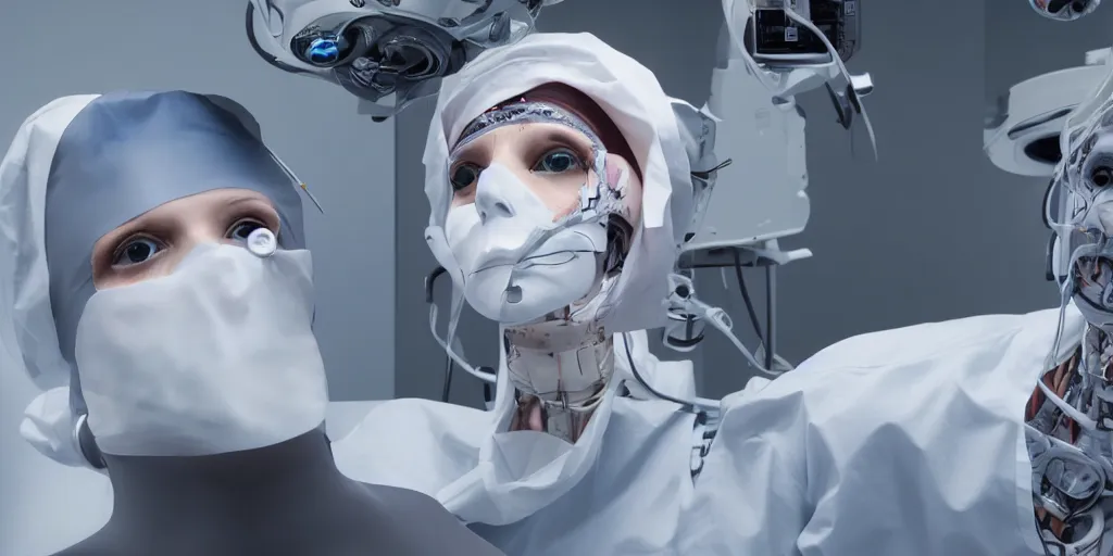 Image similar to a of a face transplant in an operating room with robotic surgeons , photorealistic,by Wlop,4k resolution