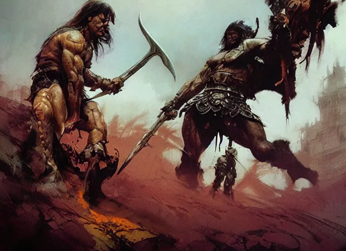 Image similar to conan the barbarian, intricate, elegant, highly detailed, vivid colors, john park, frazetta, sparth, ruan jia, jeffrey catherine jones