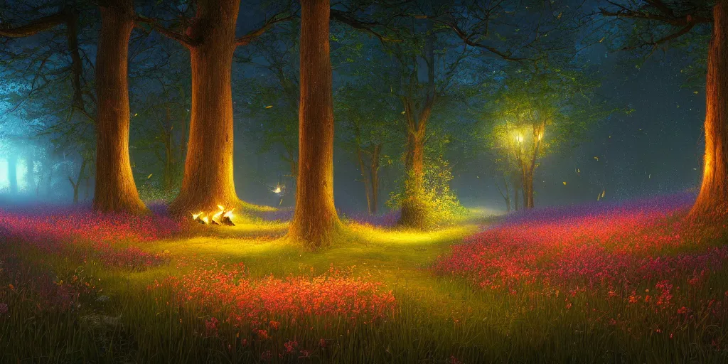 Image similar to fireflies in deep woods inspired by Evgeny Lushpin,flower meadow,spring,cinematic,trending on ArtStation