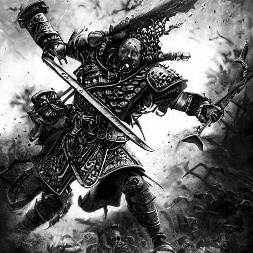 Prompt: raymond van barneveld in battle. warhammer fantasy artwork. black and white.