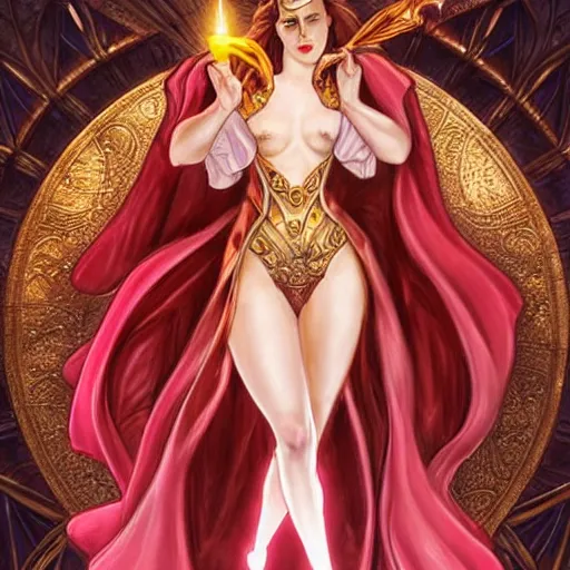 Image similar to emma watson dressed as jessica rabbit holding a glowing wand in one hand and a large leather bound book, fantasy, intricate, elegant, highly detailed, digital painting, artstation, concept art, matte, sharp focus, illustration, in the style of magic the gathering, art by artgerm and greg rutkowski and alphonse mucha