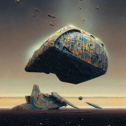 Image similar to a giant spaceship smashed to pieces in the new mexico desert, beksinski, wayne barlowe, very coherent symmetrical artwork, cinematic, hyper realism, high detail, octane render, 8 k