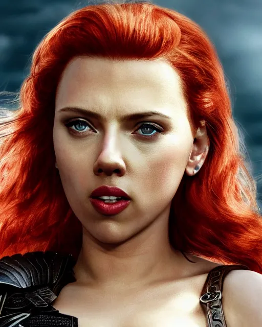 Image similar to scarlett johansson portraying a beautiful red sonja, beautiful scarlett johansson red sonja, movie, hyper realistic, hollywood promotional image, imax, 8 k