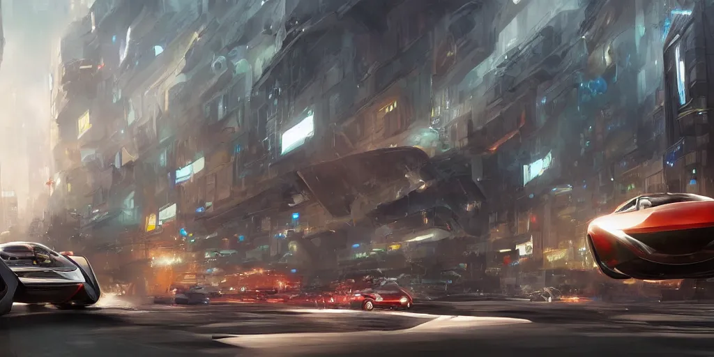 Prompt: a concept art painting of a futuristic flying car traveling through the center of a large city at high speeds, traffic, environmental lighting, cinematic by darek zabrocki, trending on artstation