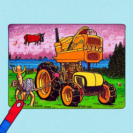 Prompt: A jigsaw with a cute illustration of a cow driving a tractor by Dan Mumford