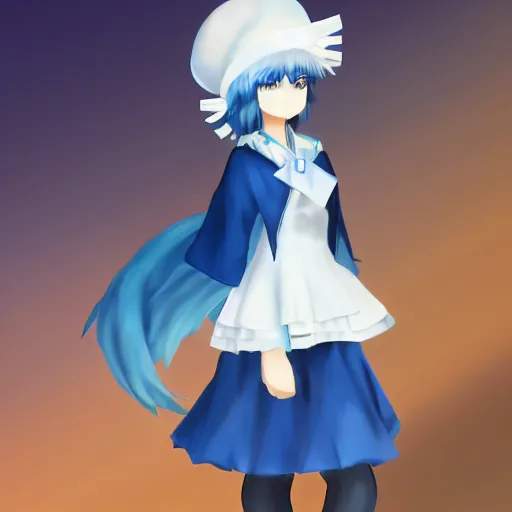 Prompt: cirno touhou, short blue hair, folded arms, white puffy hat, standing, blue eyes, trending on artstation