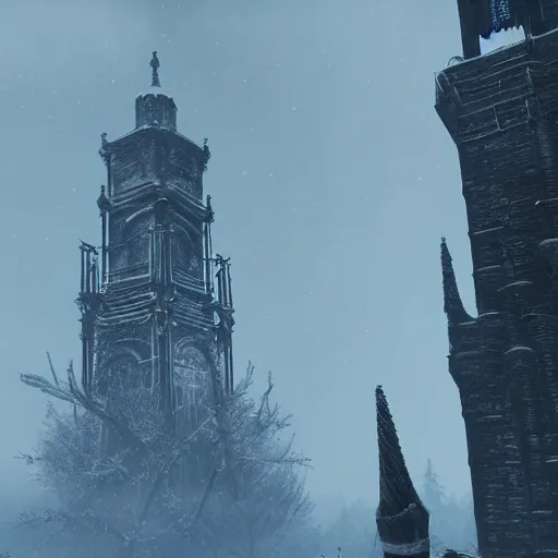 Image similar to Giant gothic underground bell tower covered in frost, frostpunk, anor londo