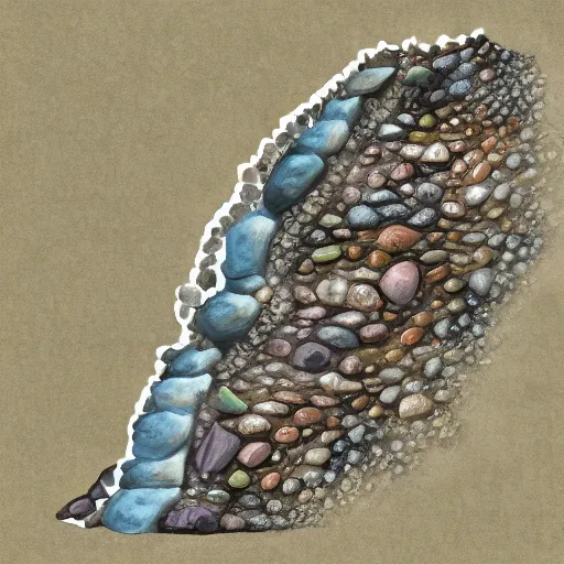 Image similar to a side profile of earth soil and rock layers, with hidden bones, gems and treasures, digital painting