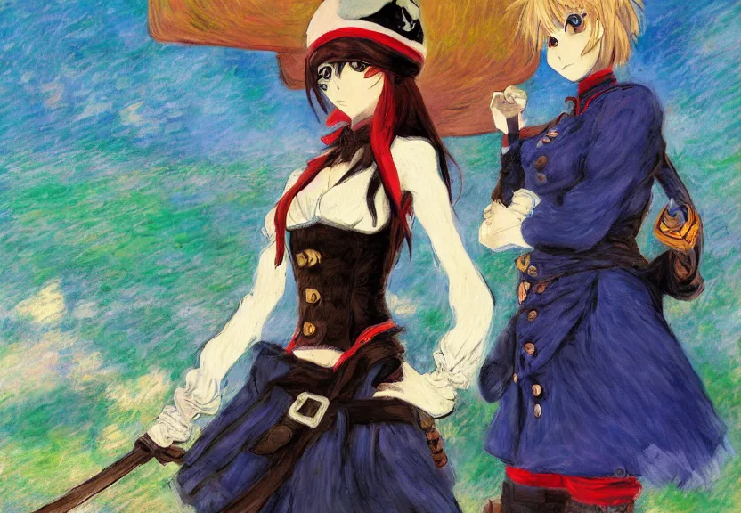 Image similar to wide angle perspective of a female pirate, centered, single subject, a thrifty uniform, somewhat of an anime in impressionist style, trending artwork, made with anime painter studio, by claude monet and an anime artist, collaboration