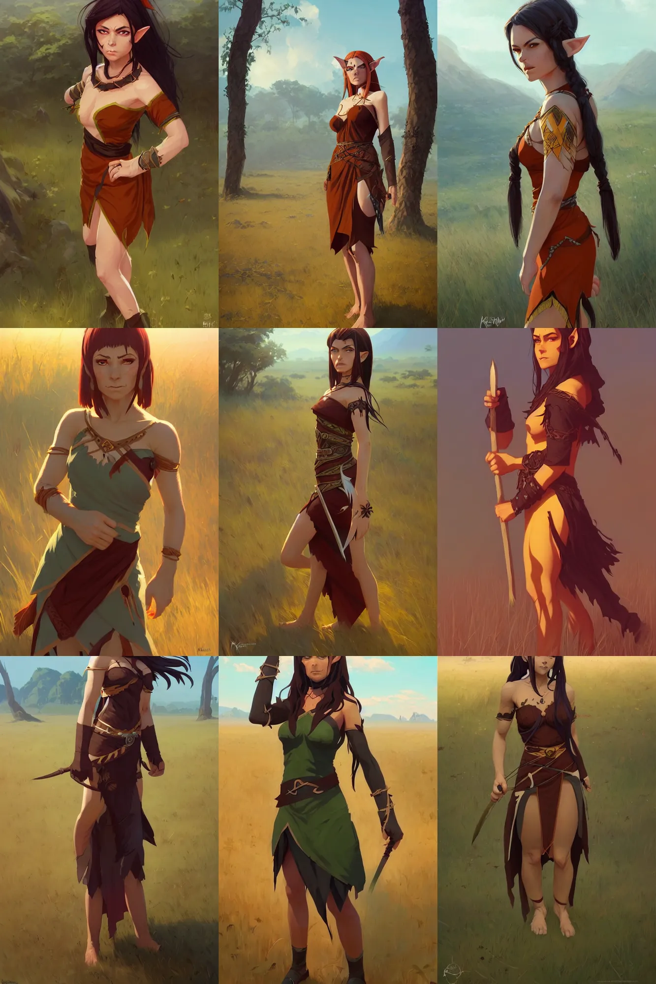 Prompt: half orc half elf woman, beautiful face and small orc tusks, beautiful amber mage dress, standing in the savannah, by ilya kuvshinov, krenz cushart, Greg Rutkowski, trending on pixiv