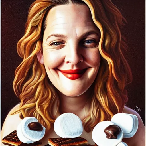 Prompt: drew barrymore in a smore, chocolate, marshmallow graham cracker, digital painting by arcimboldo, rhads