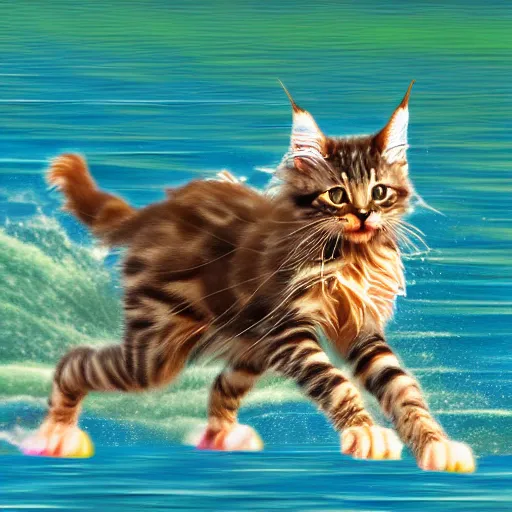 Image similar to Anthromorphic Maine coon kitten is Water skiing and doing trick poses, action shot. At south beach FL. 3D render but digital art, by Lenoid afremov