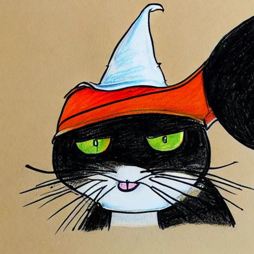 Image similar to drawing of a cat using witch hat. cartoon. cute. anime style.