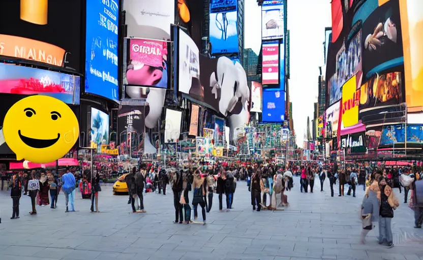 Image similar to a 2d sad emoji stock photo in Times Square, photograph