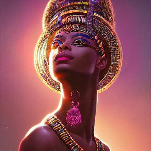 Image similar to highly detailed portrait of an african neon egyptian goddess, intricate alien technology, stephen bliss, unreal engine, fantasy art by greg rutkowski, loish, rhads, ferdinand knab, makoto shinkai and lois van baarle, ilya kuvshinov, rossdraws, tom bagshaw, global illumination, radiant light, detailed and intricate environment