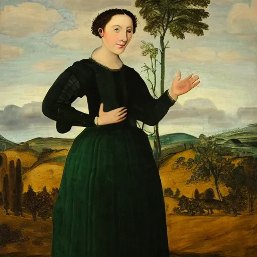 Image similar to young woman from the year 1 5 0 0, seated in front of a landscape background, her black hair is curly, she wears a dark green dress pleated in the front with yellow sleeves, puts her right hand on her left hand, and smiles slightly, oil painting