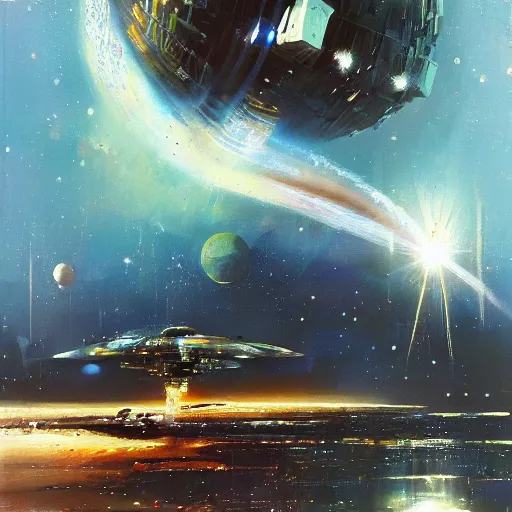 Prompt: Deep in the universe, spaceship is heading for the Solar System，by John Berkey