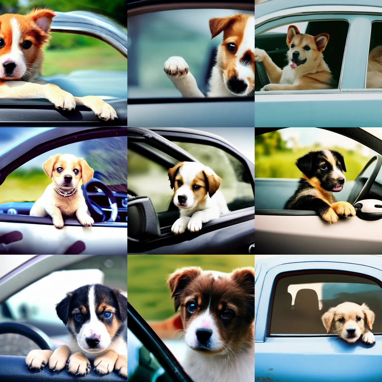 Prompt: cute puppy driving a car, film still, cinematic lens, realistic