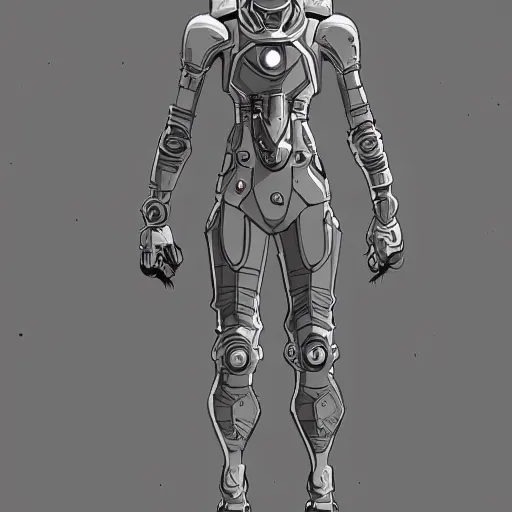 Image similar to character concept art, stylized proportions, human space suit, sci - fi!!!!, large shoulders, thin long legs, in the style of mike mignola, trending on artstation