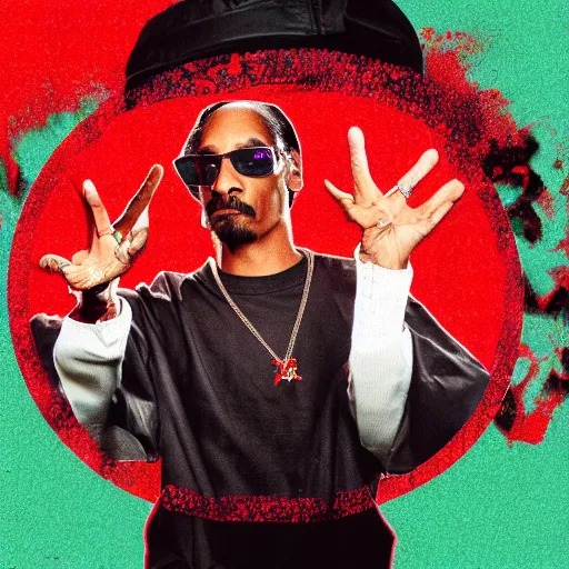 Prompt: Snoop Dogg holding up a gangster sign in the style of Red Redemption 2, red background cell shaded