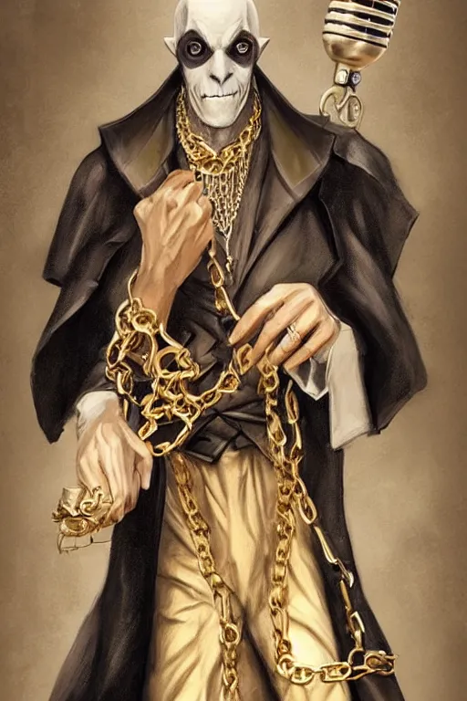Image similar to stylish nosferatu with a golden chain microphone in his hand and a hip hop cap, d & d, fantasy, portrait, highly detailed, headshot, digital painting, trending on artstation, concept art, sharp focus, illustration, art by artgerm and greg rutkowski and magali villeneuve