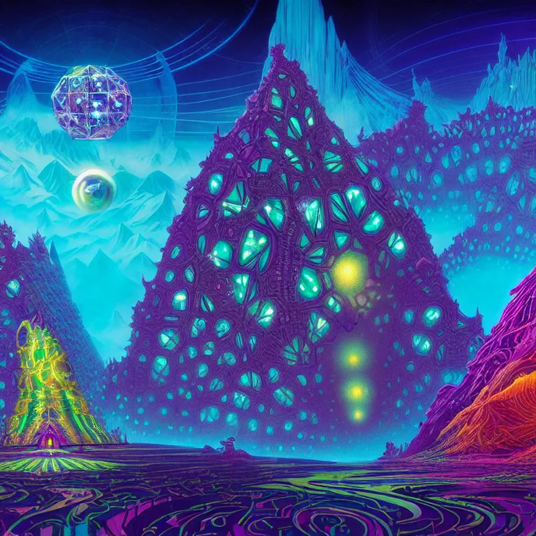 Image similar to mysterious satellites over epic mystical crystal temple, infinite fractal tesseract, quantum waves, synthwave, bright neon colors, highly detailed, cinematic, eyvind earle, tim white, philippe druillet, roger dean, ernst haeckel, lisa frank, aubrey beardsley, kubrick