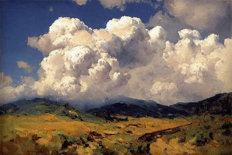 Prompt: “ thick cumulus clouds above an italian landscape, simon pasini ”