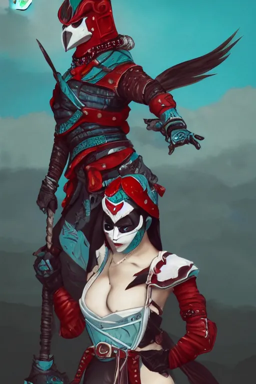 Image similar to female adventurer in tight full - body teal leather armor of japanese design with red accents and a white porcelain crow mask, trending in artstation, japanese, artstation, big moon in the background, establishing shot