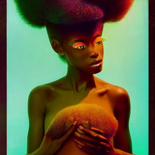 Prompt: beautiful afro woman futuristic super schizophrenic psychotic prismatic superhuman, lush detail, national geographic, steichen, herb ritts, roger deakins, anne leibovitz, alphonse mucha, art deco, sharp focus, hyperrealism, greg rutkowski, psychosis, beautiful psychotic radiant madwoman, super schizophrenic superhuman, beeple, volumetric light