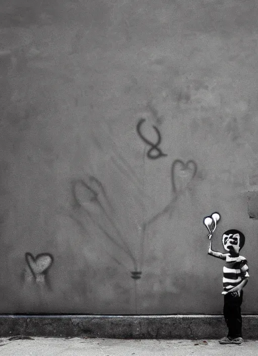 Prompt: a side profile of a black and white graffiti of boy holding a single blue balloon on a concrete background in the style of Banksy, graffiti, digital art