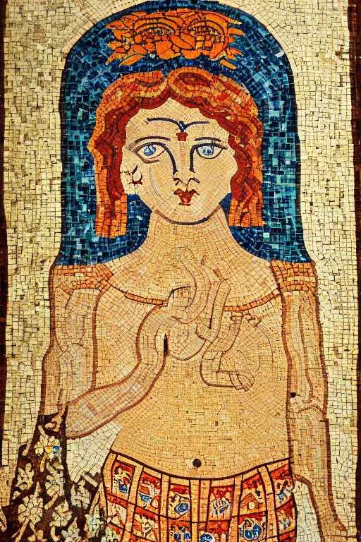 Image similar to a ceramic mosaic of goddess of roses, detailed faces, intricate detail, ancient babylonian art, occult art, alchemical diagram