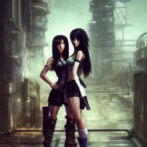 Image similar to a painting of tifa lockhart and aerith gainsborough from final fantasy 7, standard clothing from the conceptual art, the midgard steam punk city as backdrop, by greg rutkowski, artgerm, wlop rain, fog, unreal engine 5