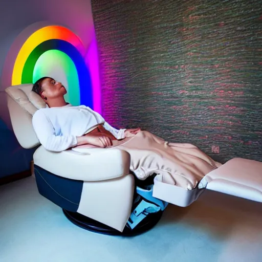 Image similar to person receiving acupuncture treatment in a recliner chair floating in the sky, beautiful, rainbows, dramatic lighting