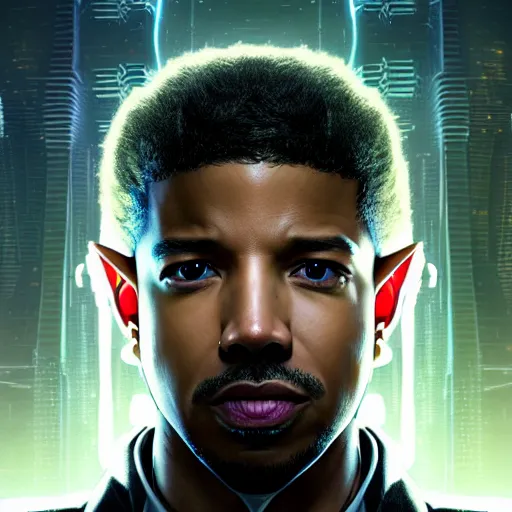 Image similar to portrait painting of a cyberpunk corporate boss elven michael b. jordan, ultra realistic, concept art, intricate details, eerie, highly detailed, photorealistic, octane render, 8 k, unreal engine. art by artgerm and greg rutkowski and charlie bowater and magali villeneuve and alphonse mucha