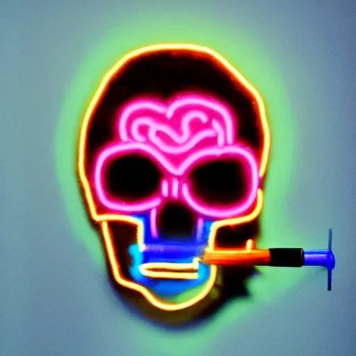 Image similar to Fuzzy neon skull smoking a pipe, studio photography