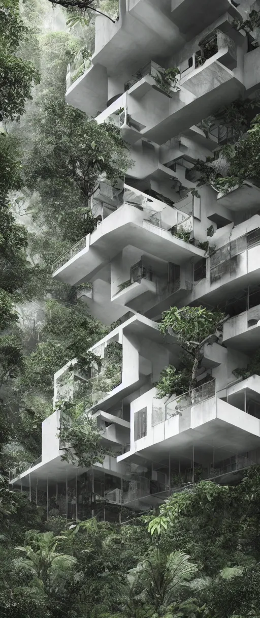 Image similar to architecture inspired by le corbusier in the rainforest. nature is taking over. upside down. metabolism. octane render. global illumination. atmospheric. photorealistic. color scheme black and white.