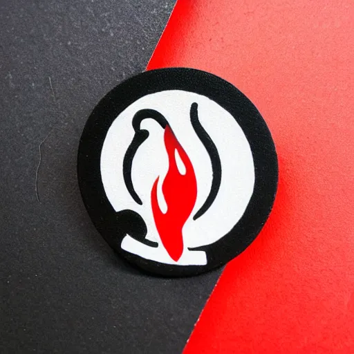 Image similar to simple yet detailed retro 1 9 7 0 s minimalistic clean fire flame enamel pin, use of negative space allowed, artwork created by mike mignola and bansky in the style of a tattoo stencil, shaded ink illustration, black and white only, smooth curves