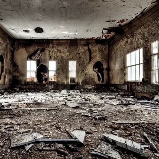 Image similar to the inside of an abandoned hospital, skeleton heads on the floor of the ruined hospital, realistic lighting