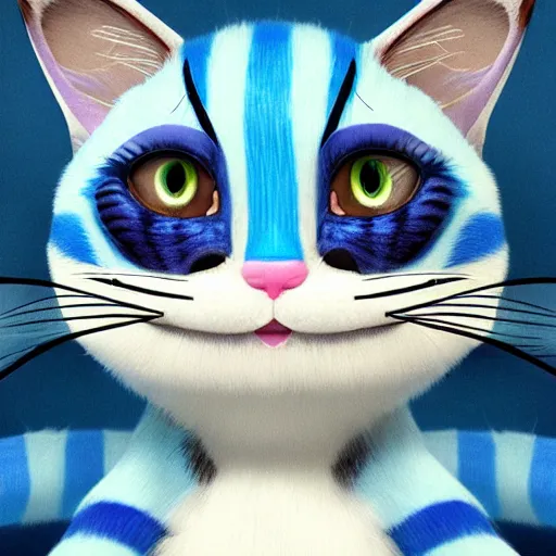 Prompt: cute blue striped cheshire cat. an adorable cat with light blue stripes, blue eyes and a big mischievous smile. stunning digital art by eva balloon. fluffy, soft