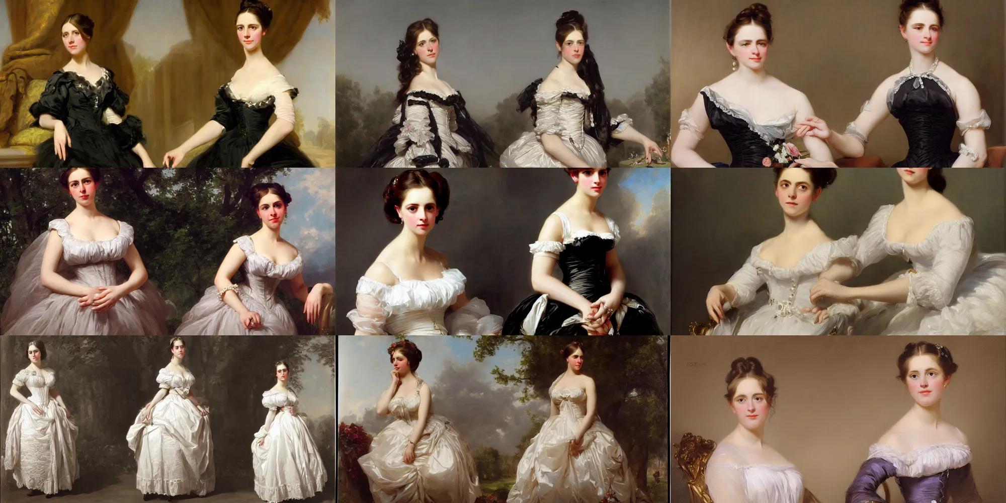 Prompt: a full body portrait of a young American woman, beautiful face, single face, highly detailed, pearls, smooth, high quality, art by Franz Xaver Winterhalter, Rococo, Romanticism, full body portrait, Neoclassic, 1856