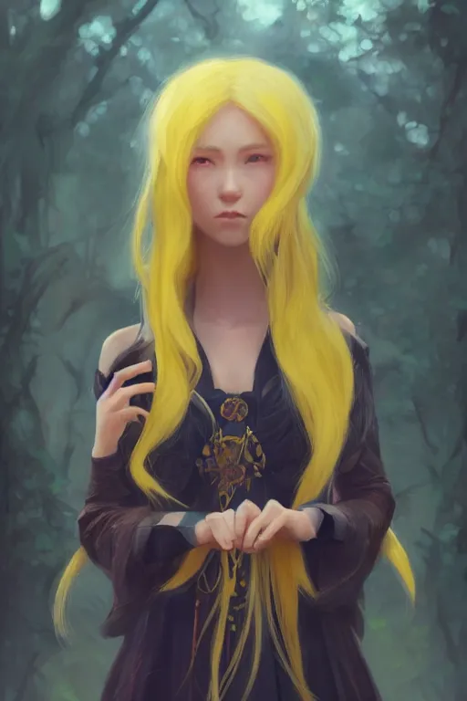 Prompt: girl wizard with long yellow hair wearing a dress, character art, by artgerm, by jeremy lipking, anime style, digital art, fantasy art, octane render, drawing, beautiful girl