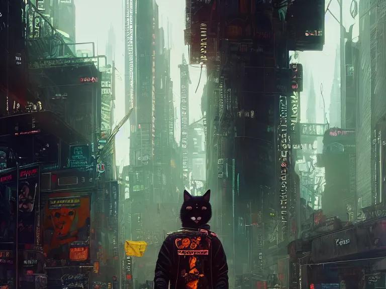 Image similar to new york city portrait of furry anthro anthropomorphic cat head animal person fursona wearing clothes strange cybernetic muzzle gloomy rainy screenshot from the video game cyberpunk 2077 digital art by Greg Rutkowski, Simon Stalenhag, christopher nolan trending on Artstation, CGSociety