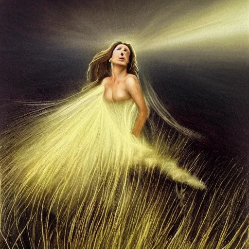 Image similar to The painting depicts a woman standing in a field of ashes, her dress billowing in the wind. Her hair is wild and her eyes are closed, and she seems to be in a trance-like state. The painting is dark and atmospheric, and the ashes in the field seem to be almost alive, swirling around. high-key lighting by Ken Kelly