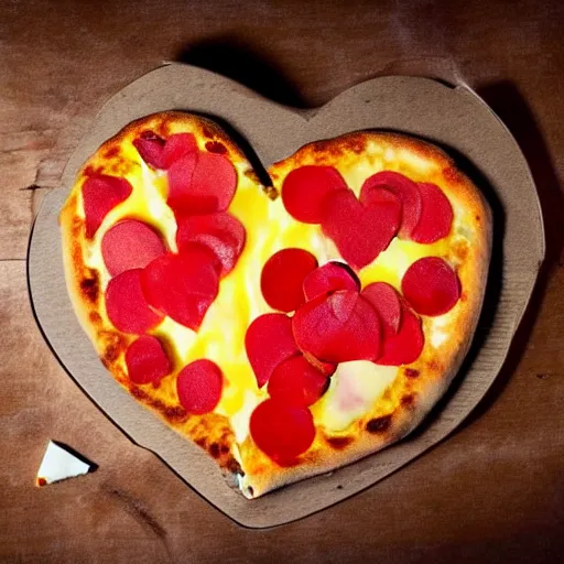 Image similar to heart shaped pizza with alot of cheese, on a wooden plate