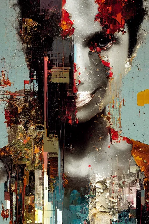 Image similar to a beautiful glitched painting by robert proch of a woman in a glitched bathroom, metal rust and plaster materials, pixel sorting, color bleeding, brushstrokes by jeremy mann, still life, dark colors