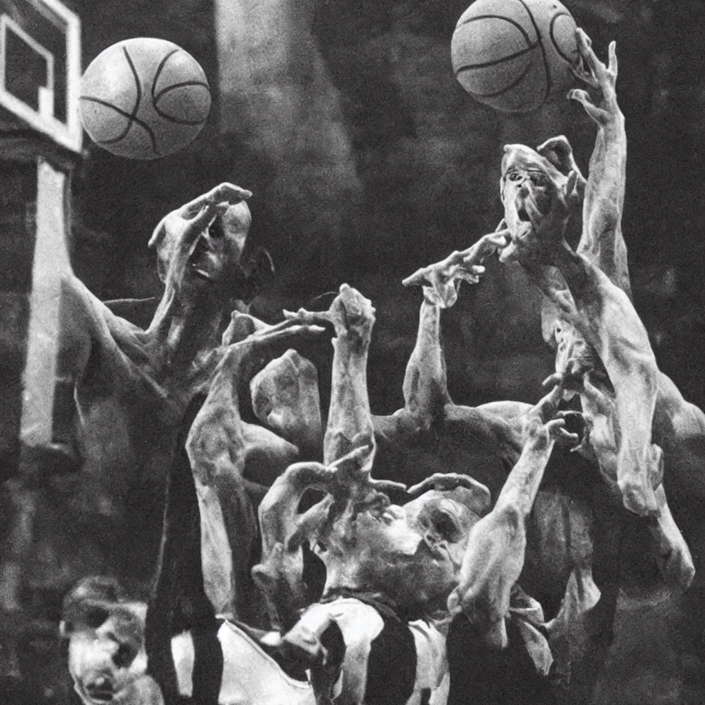 Prompt: nosferatu is playing basketball at the nba