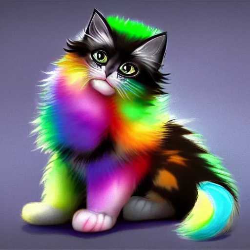 Image similar to wide angle full body, of a fluffy cute rainbow kitten wearing a black leather motorcycle jacket, concept art