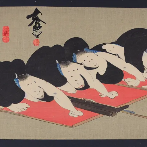 Prompt: an old japanese painting of four people doing the plank in the ocean