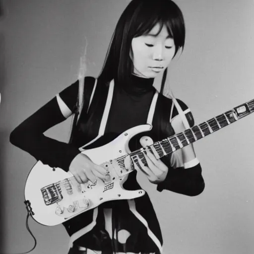 Image similar to a black and white polaroid of a female japanese musician playing an electric guitar, 1 9 7 0 s